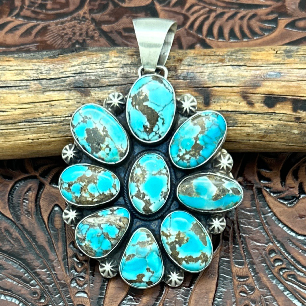 Bobby Johnson Navajo Sterling & Dark Lone Mountain Turquoise Cluster Pendant